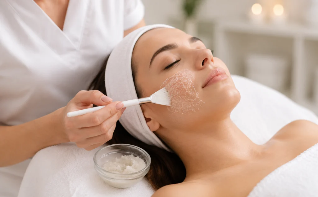 Yüzüne fırçayla peeling uygulanan kadın